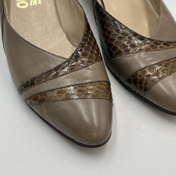 Vtg Salvatore Ferragamo Women Leather Heels Tan Alligator Inlay Italy Sz 10 AA - Picture 10 of 15